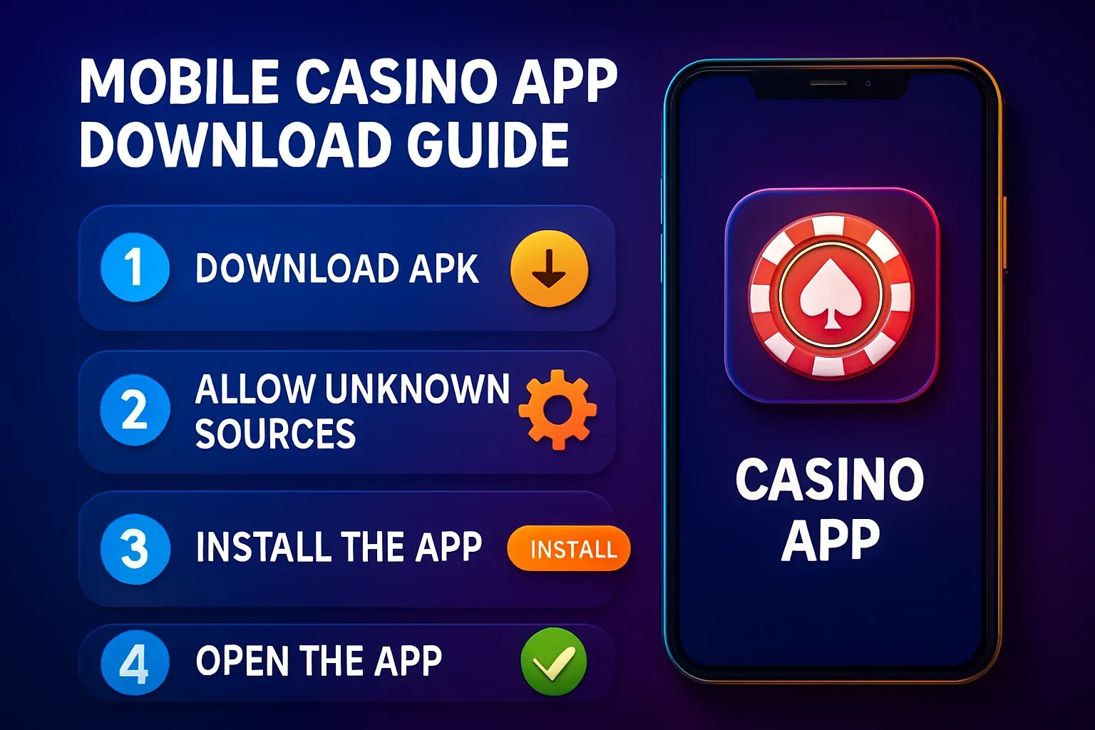Step-by-step mobile casino app download guide with Android APK installation infographic