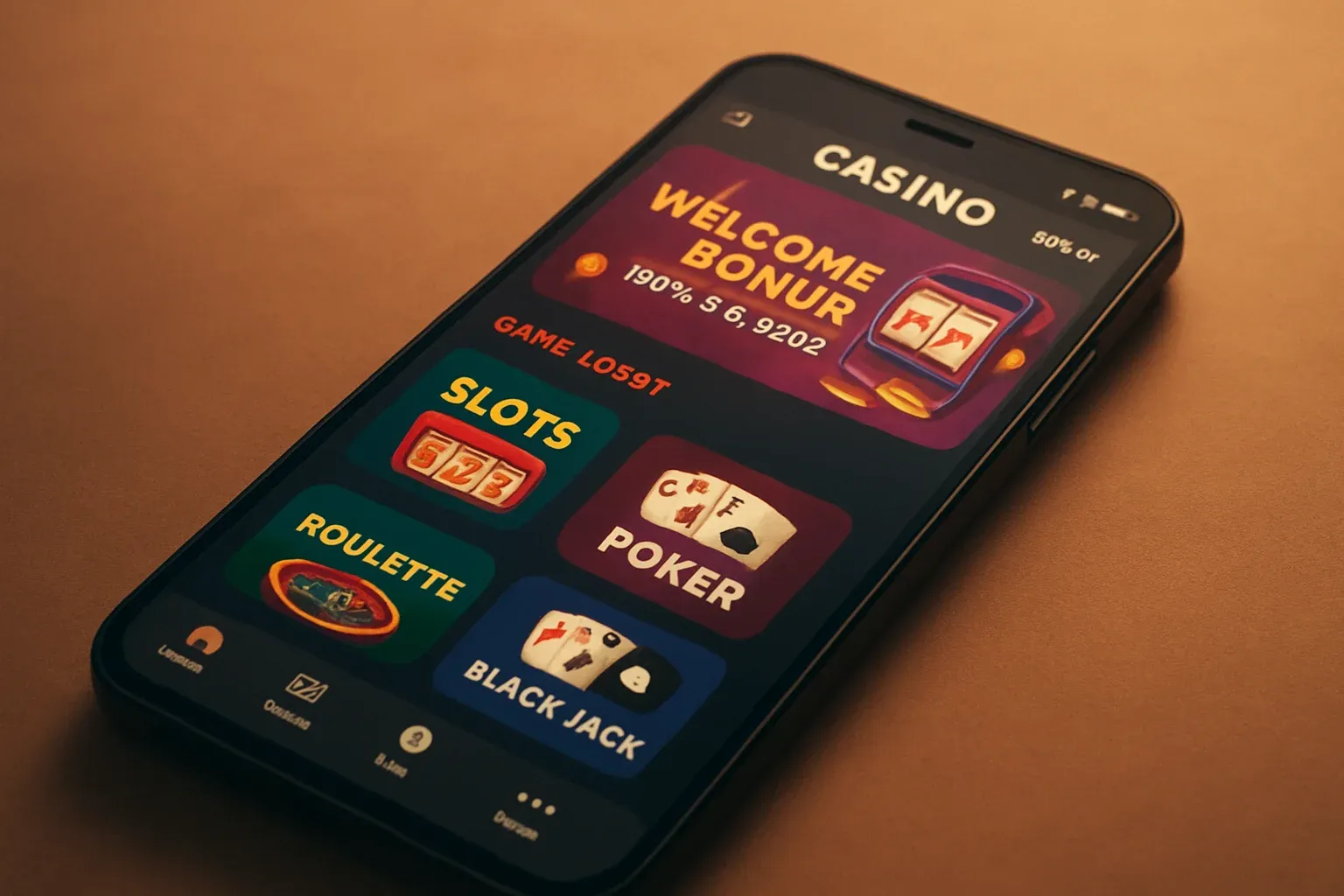 Android smartphone mockup showing casino mobile app game lobby interface