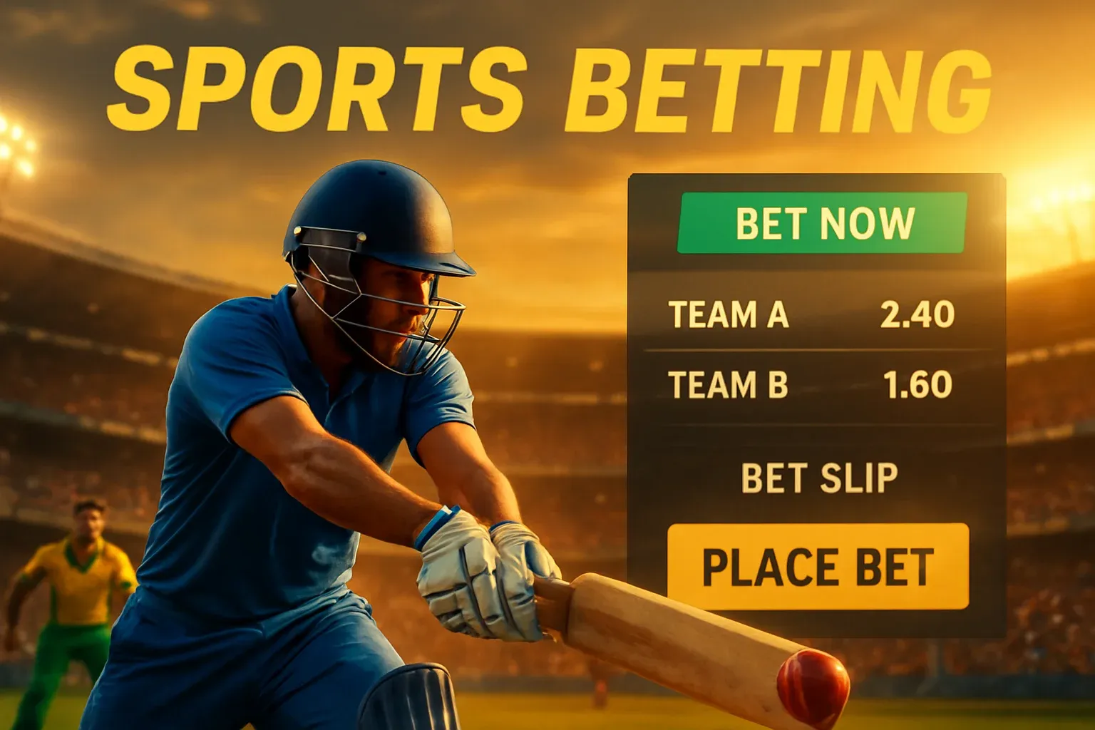 Sports betting banner with cricket action, stadium crowd, and interface overlay