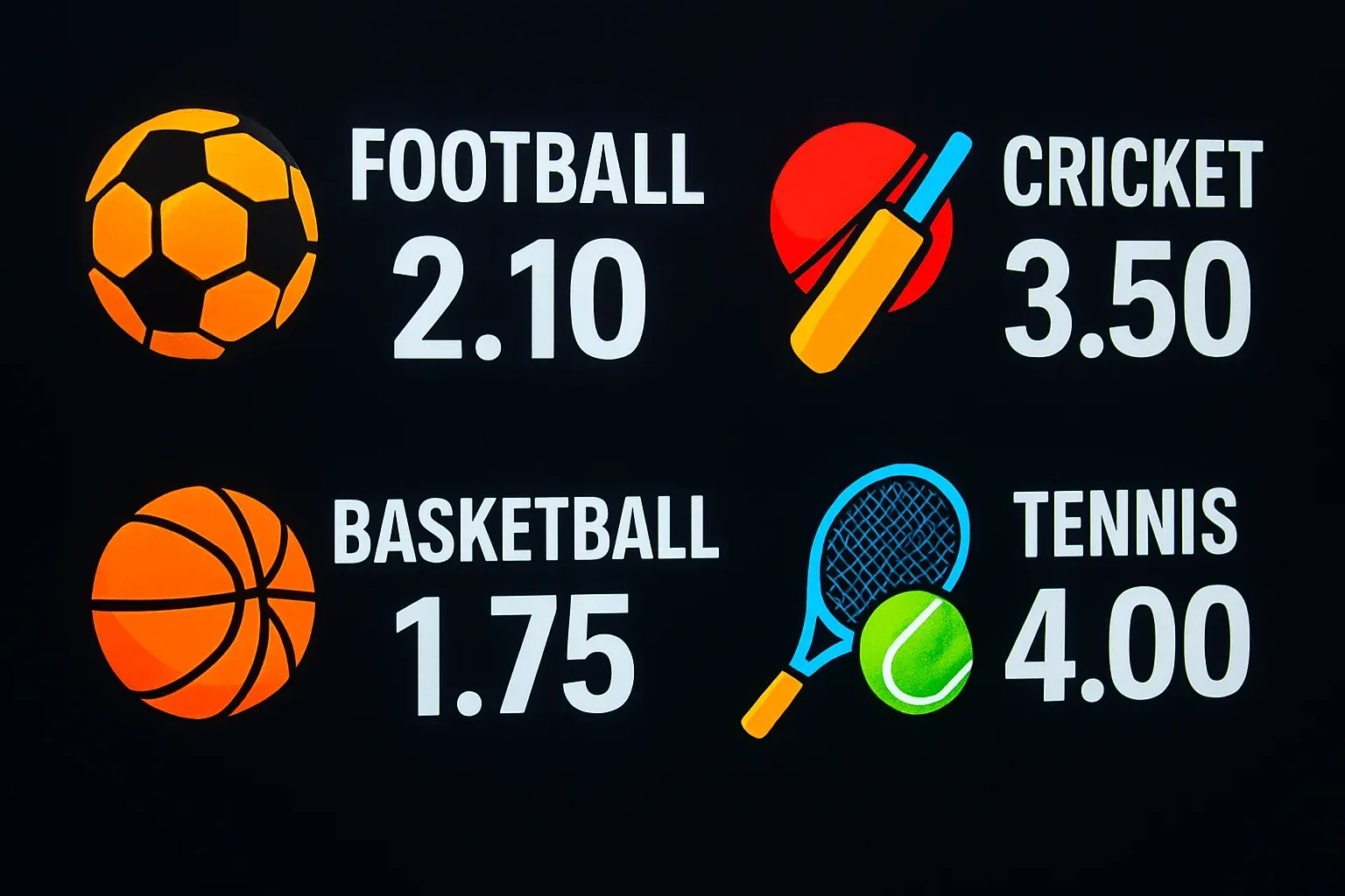 Sports betting markets display with football cricket basketball tennis icons and odds