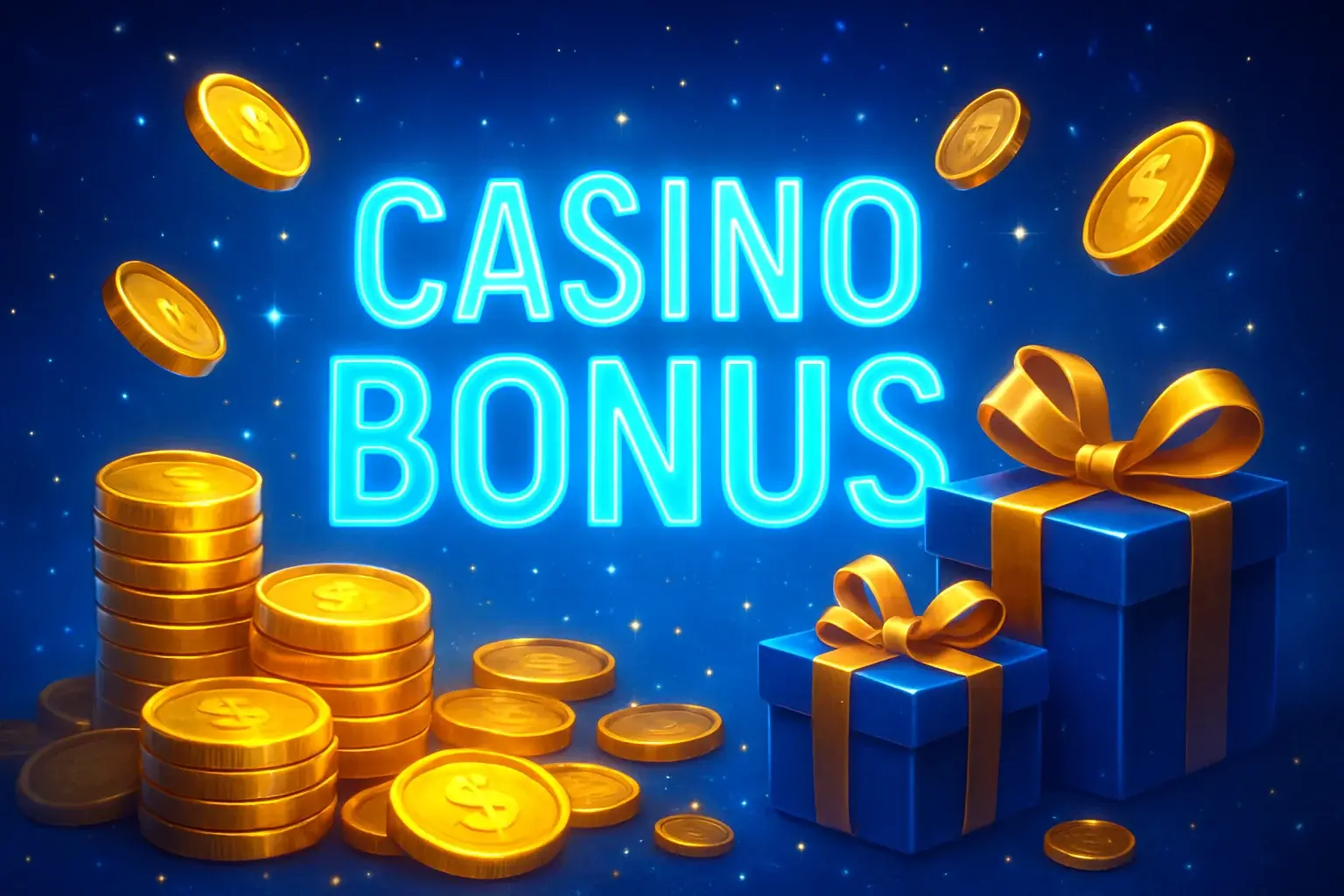 Casino bonus banner with golden coins, gift boxes, and sparkle effects