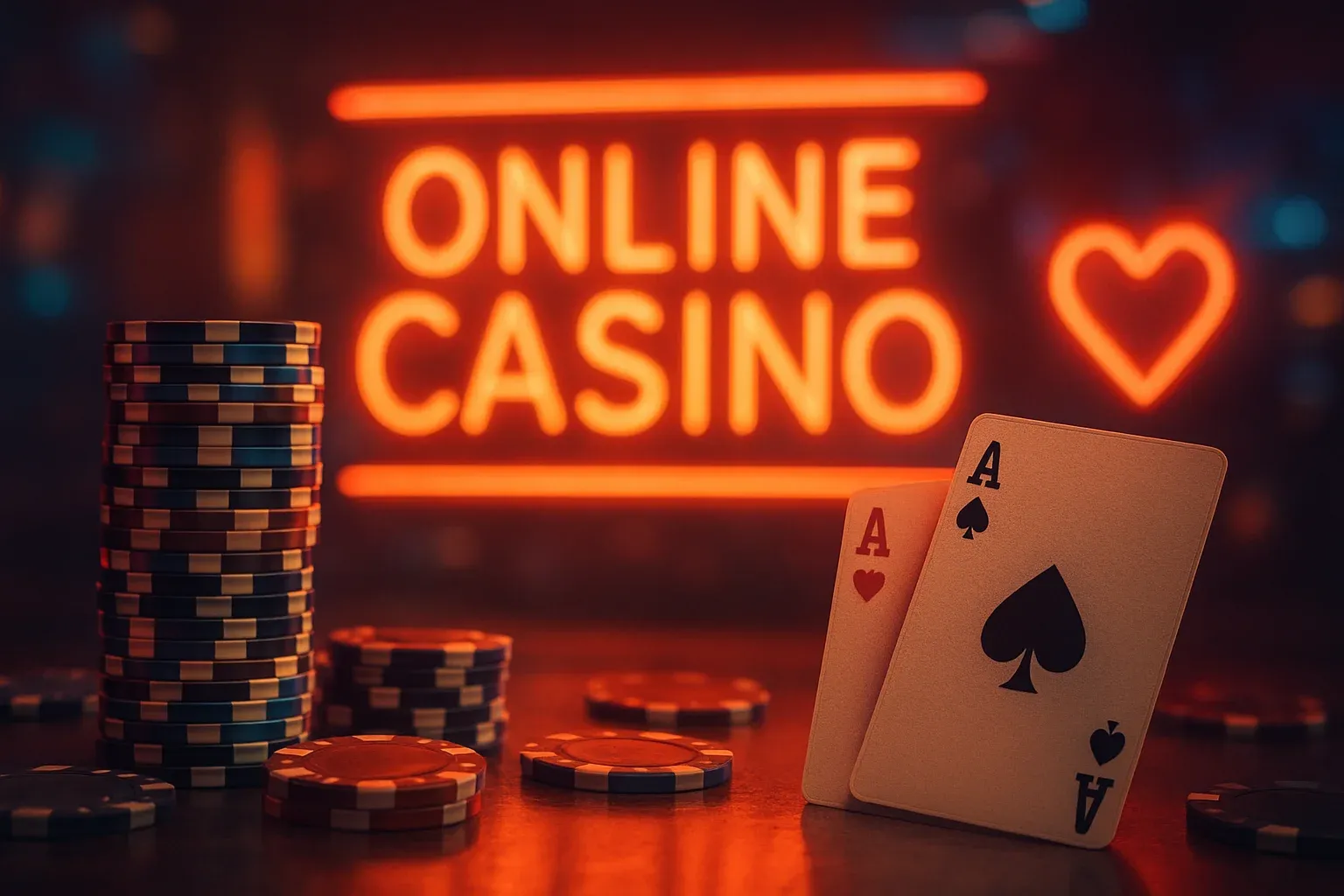 Luxury online casino hero banner with neon lights, chips and cards