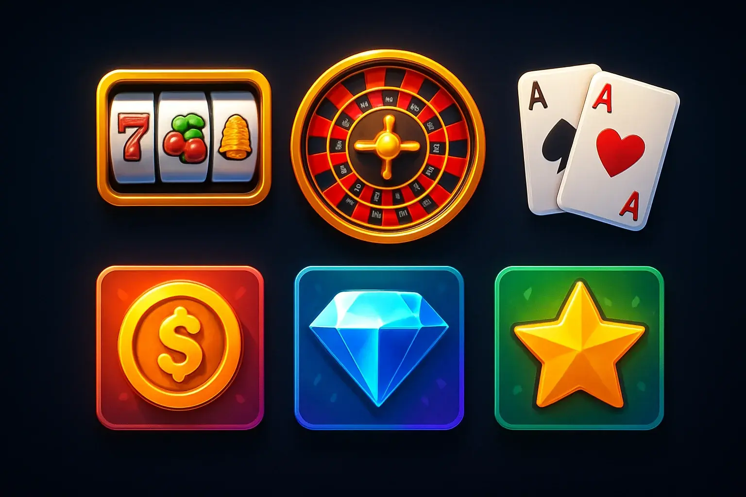 Popular casino game icons with slots, roulette, cards on dark background