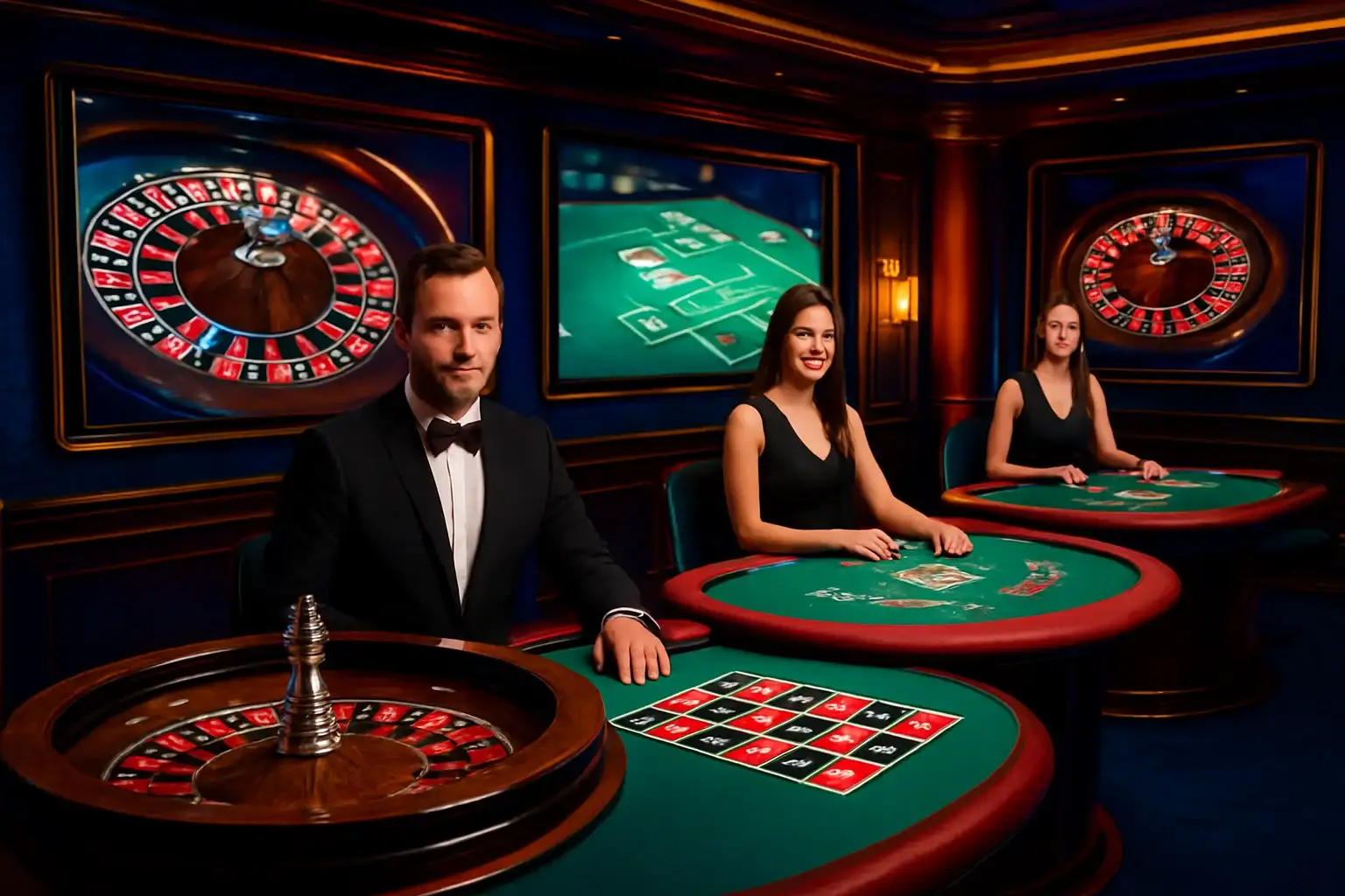 Elegant live casino studio with dealers and roulette blackjack screens
