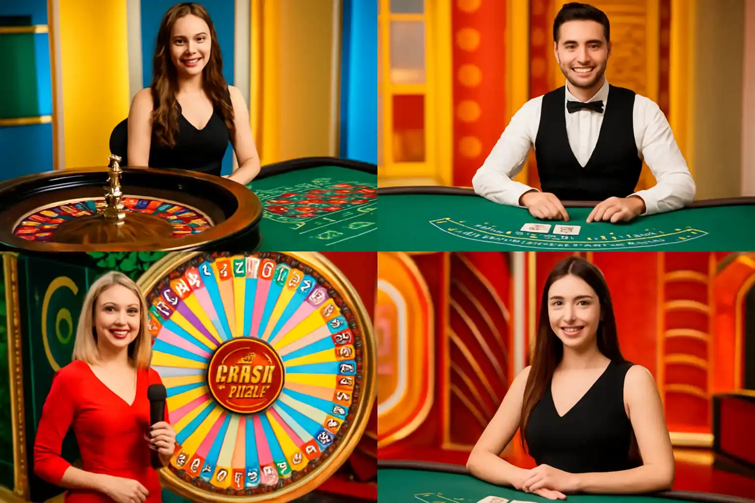 Vivid live casino game cards with roulette, blackjack, Crazy Time, and dealer