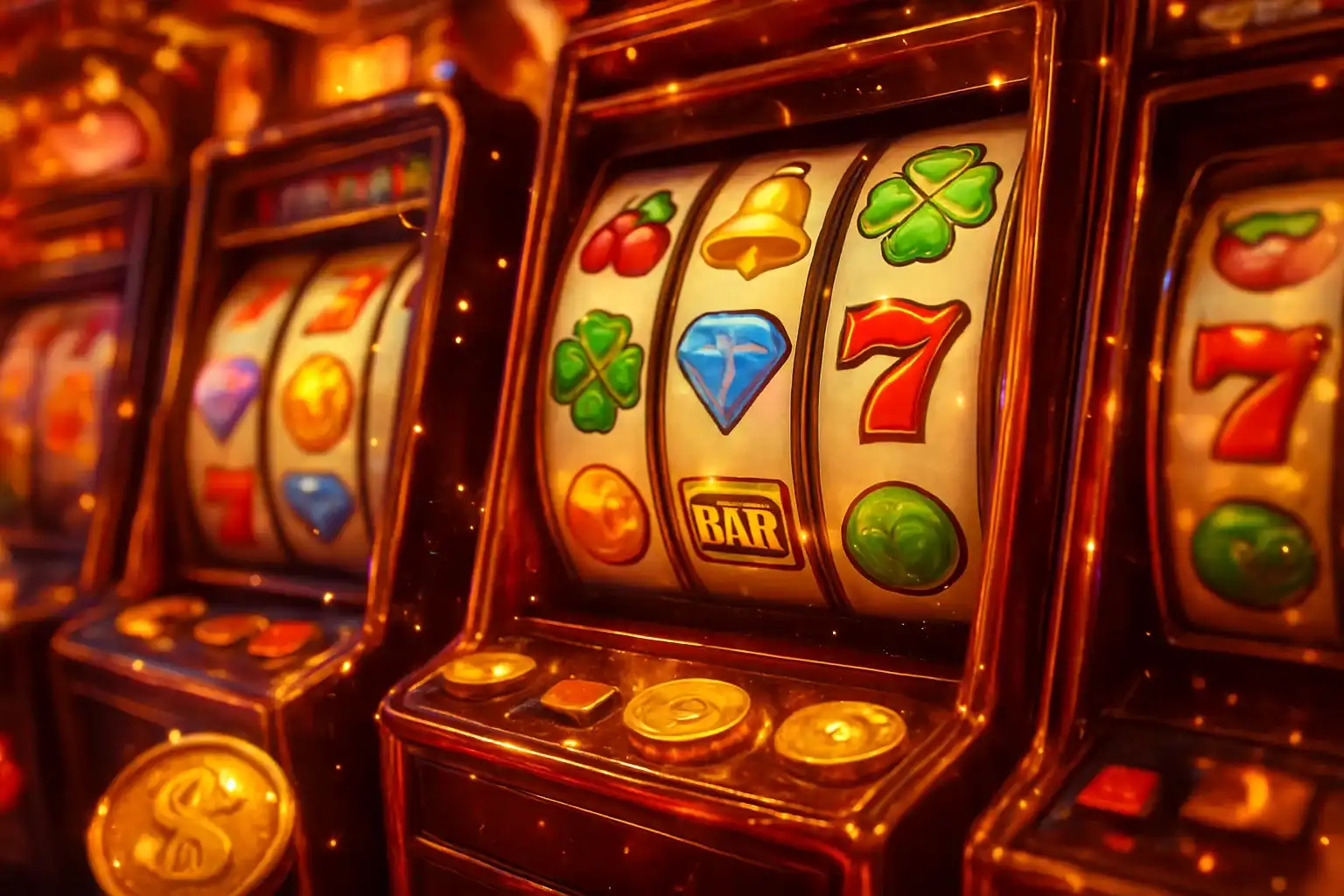 Colorful casino slot machines collage with coins, diamonds, and lucky 7s