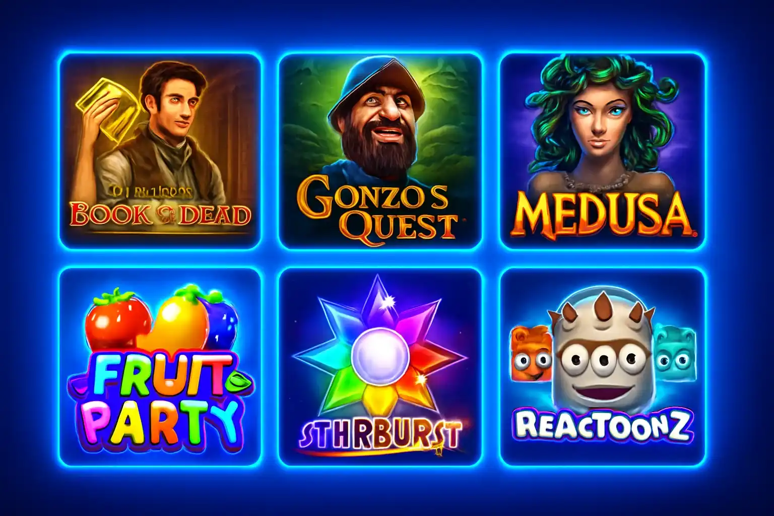 Grid of colorful slot game thumbnails with Egypt, fantasy, fruit, sci-fi themes